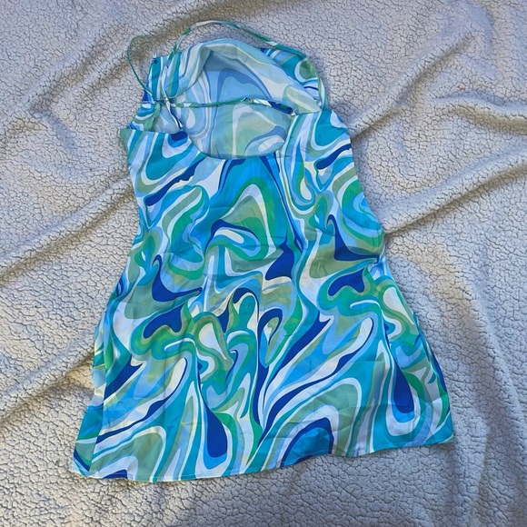Satin mini dress/ bikini/swimsuit cover up green blue and white - Picture 1 of 3